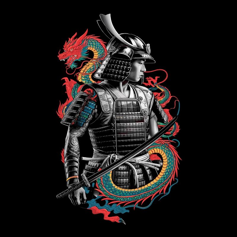 Samurai with dragons in the background - Japanese