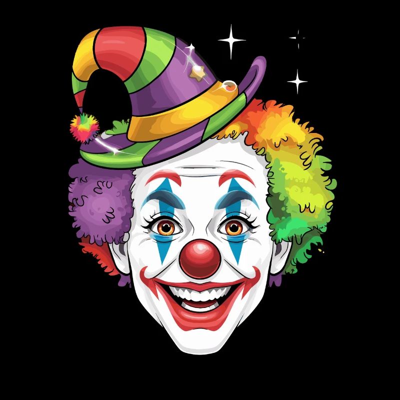 Lustiger Clown mit Regenbogenhaaren und Magischem