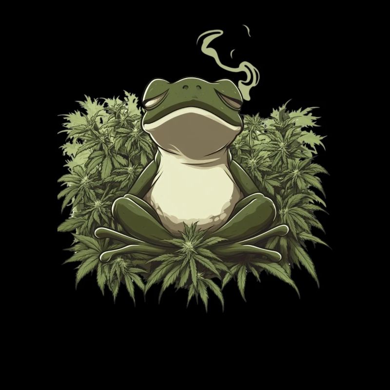 Frosch im Lotussitz mit Cannabisblättern