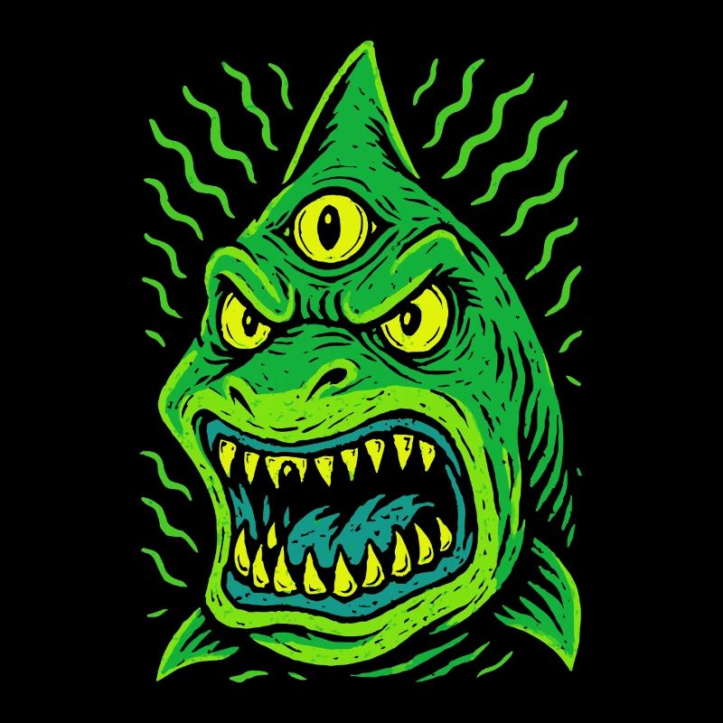 Three-eyed neon shark with fangs