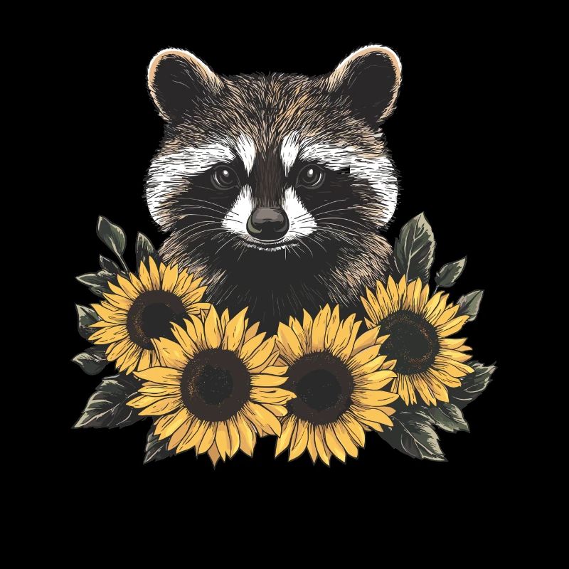 Waschbär mit Sonnenblumen