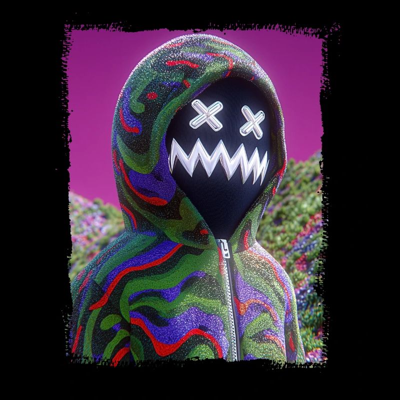 Psychedelic Mask Figure Neon Glitch Graphic