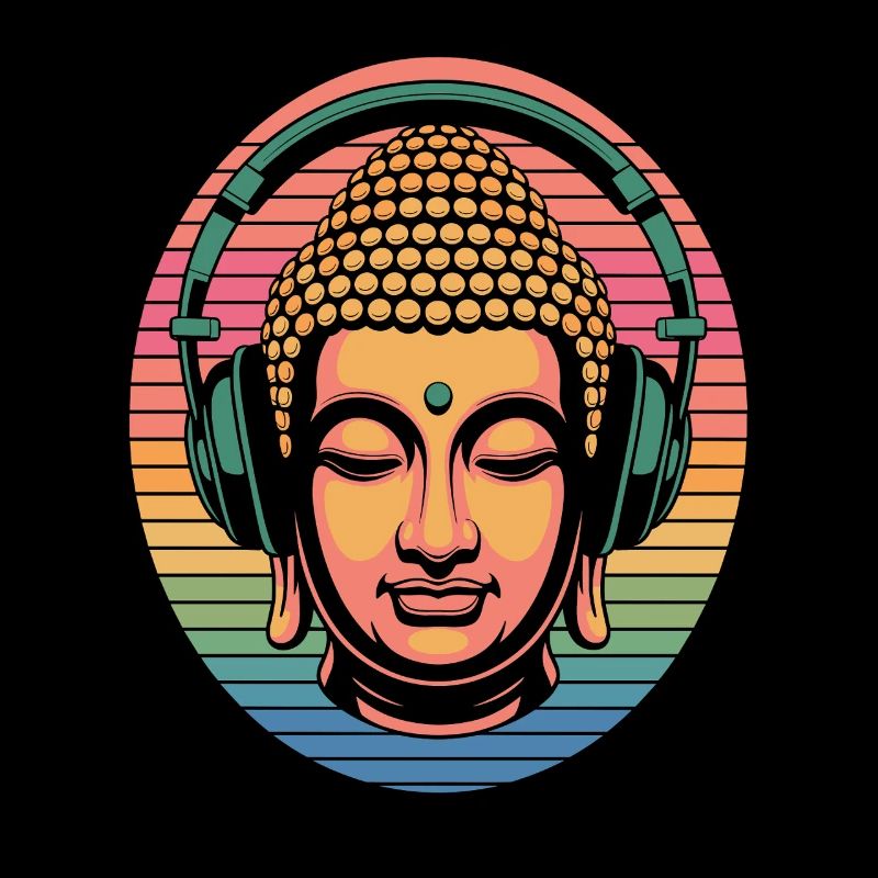 Buddha mit Kopfhörern Achtsamkeit Musik Boho Zen