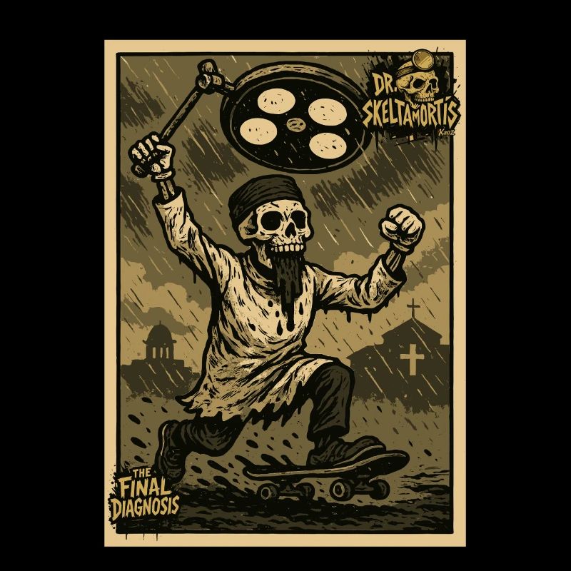 Skeleton in doctor's coat with lamp and skateboard