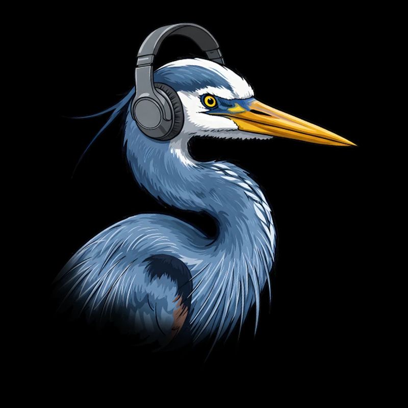 Reiher mit Kopfhörer