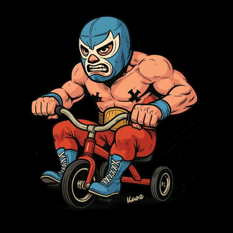Lutteur avec masque sur tricycle