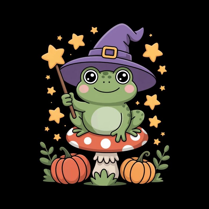 Mignon grenouille sorcière sur champignon avec baguette magique