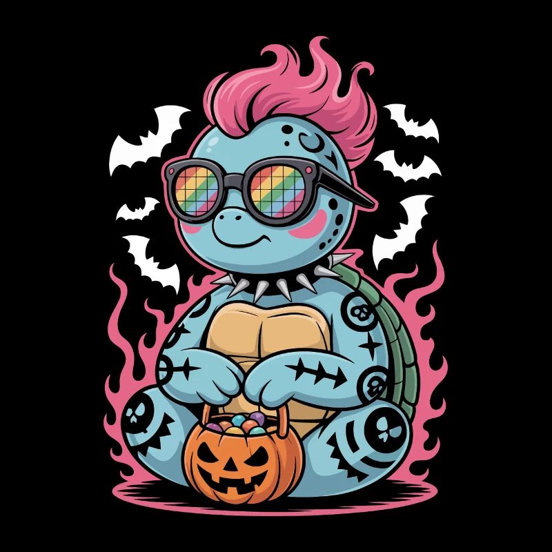 Tortue punk d’Halloween avec panier de citrouille