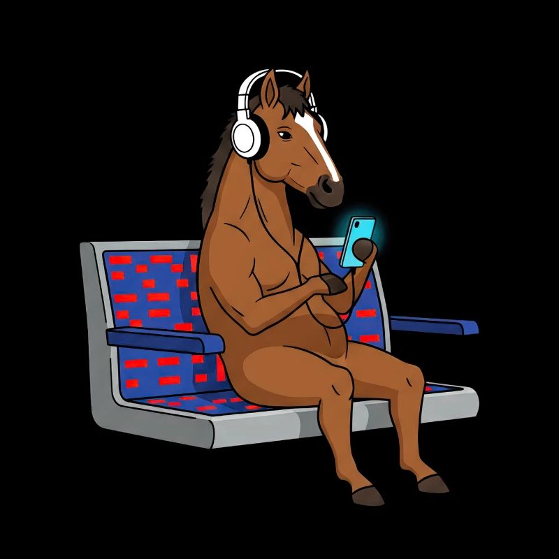 Pony mit Kopfhörern am Smartphone