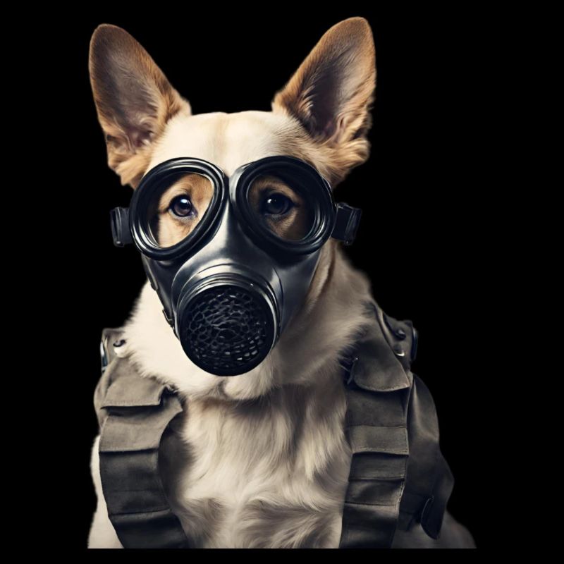 Chien avec masque à gaz