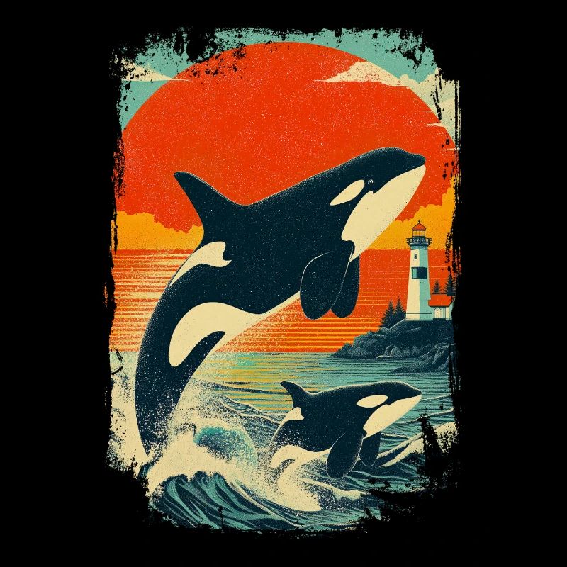 Orca Whale Family Lighthouse Vintage Sunset