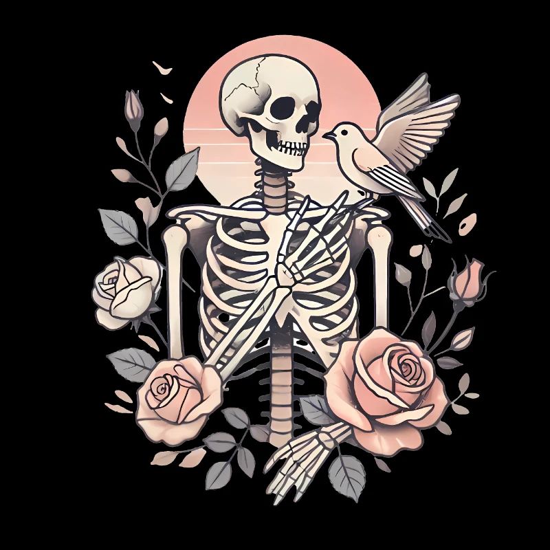 Skeleton Roses with Bird Illustration