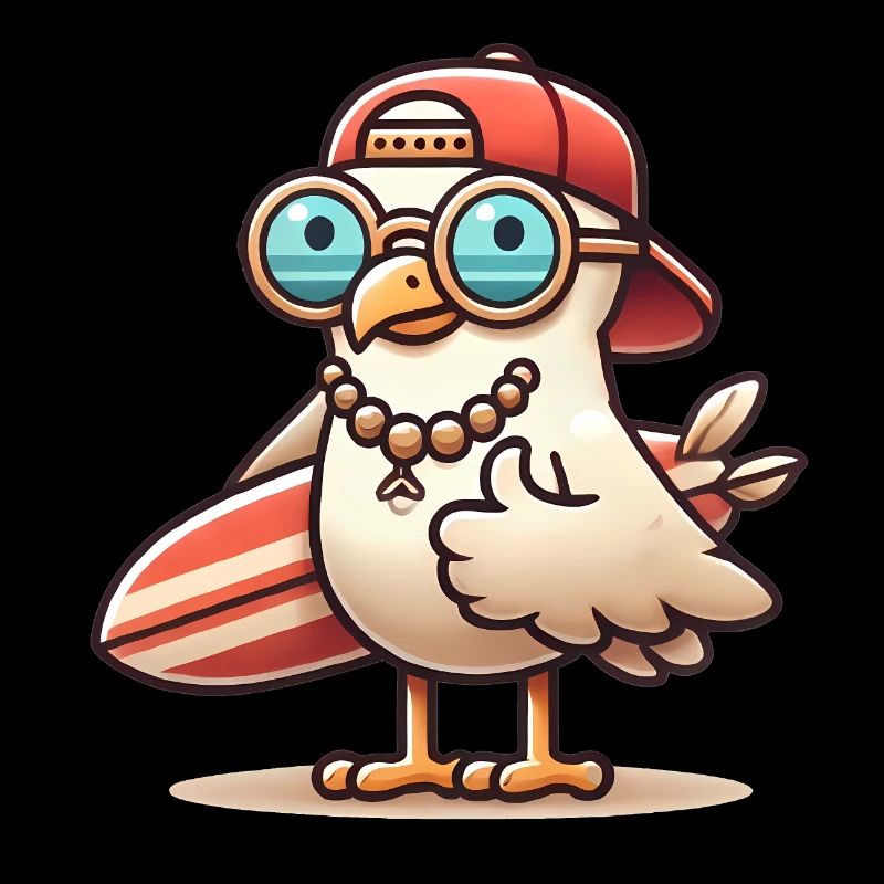 Cool Beach Seagull avec planche de surf