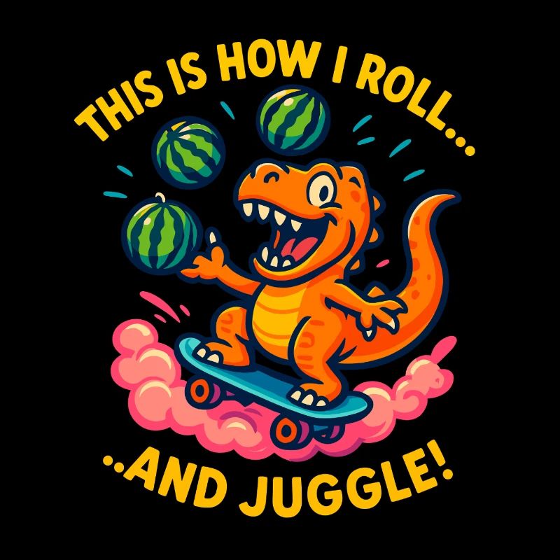 Skateboarding Dinosaurier jongliert mit Wassermelonen