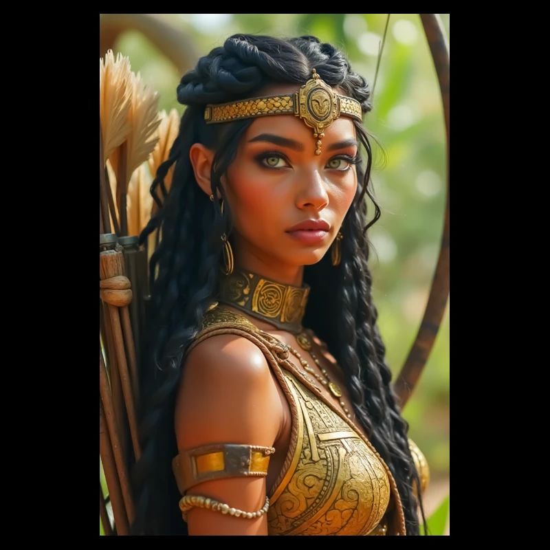 Neith, gepanzerte Kriegergöttin, hält einen Bogen in der Hand