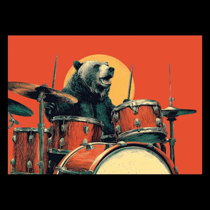 Wilder Bär spielt Schlagzeug Retro Vintage