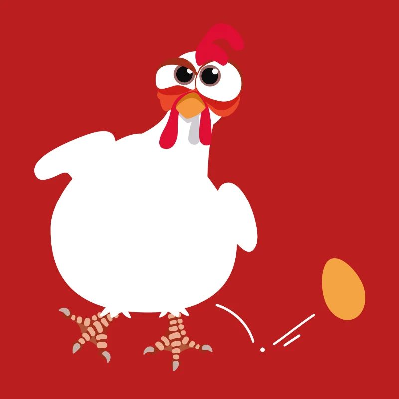 White hen lays an egg funny comic drawing