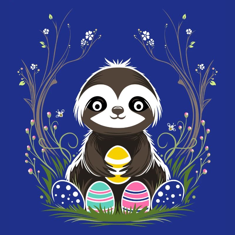 Easter Sloth with Easter Eggs in Spring