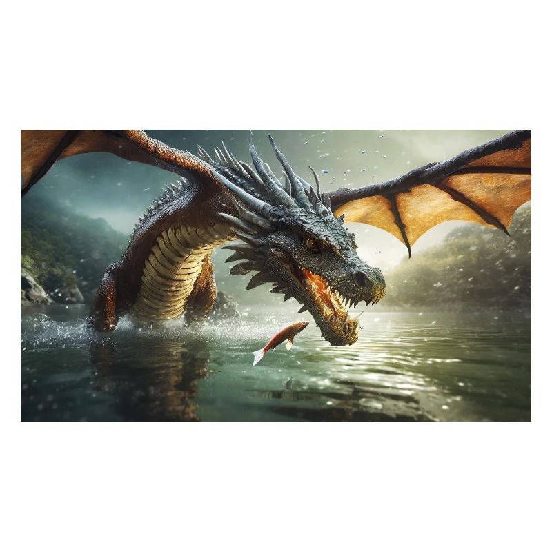 A realistic bad dark dragon is hunting fish