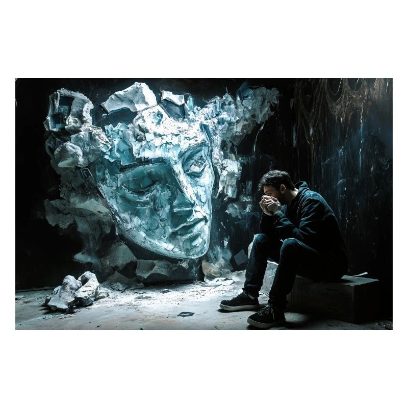 Broken statue, pensive man