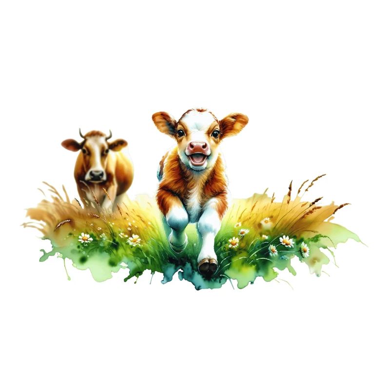 Verspieltes Kalb in der Sommerlandschaft