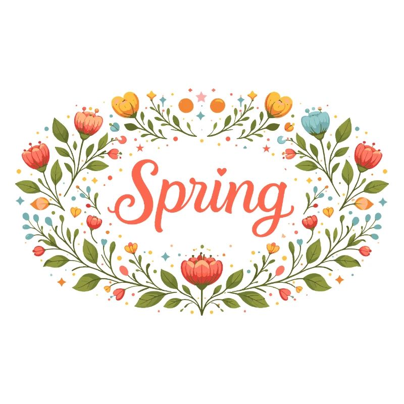 Spring lettering in floral spring wreath