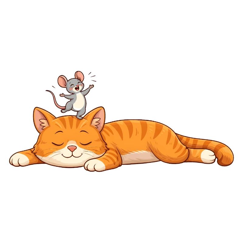 Sleeping cat with cheerful mouse