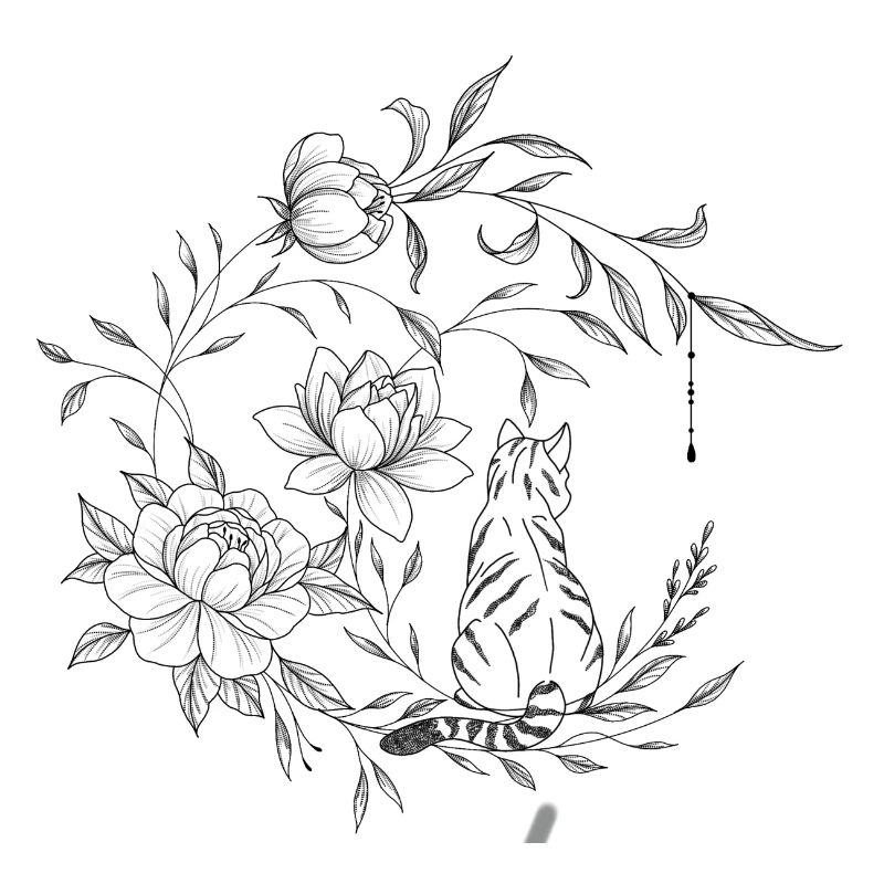Chat assis sur une lune florale, composition flora