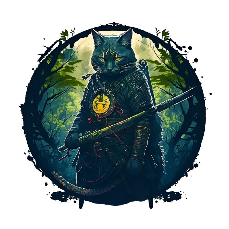 Katze als Samurai in Wald