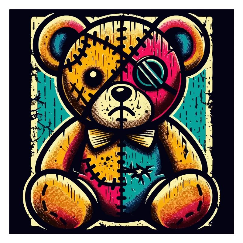 Patchwork bear art with vintage charm