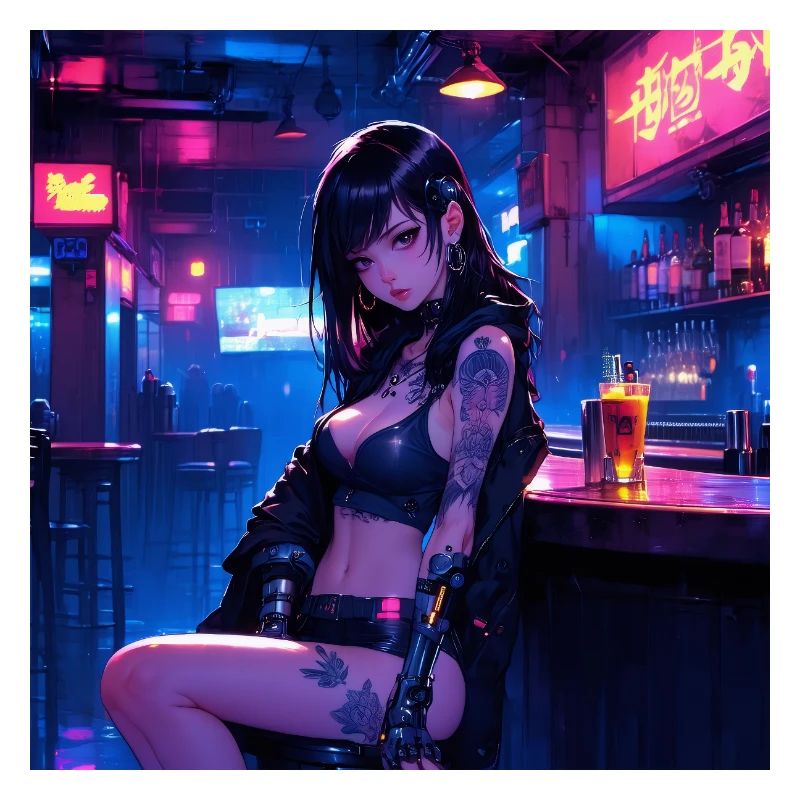N-dless Nights: Anime-Cyberpunk-Mädchen in einer dunklen Bar