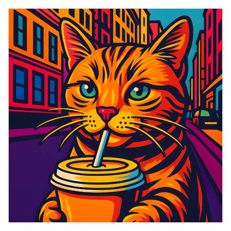 Chat urbain dynamique avec boisson, aime les chats