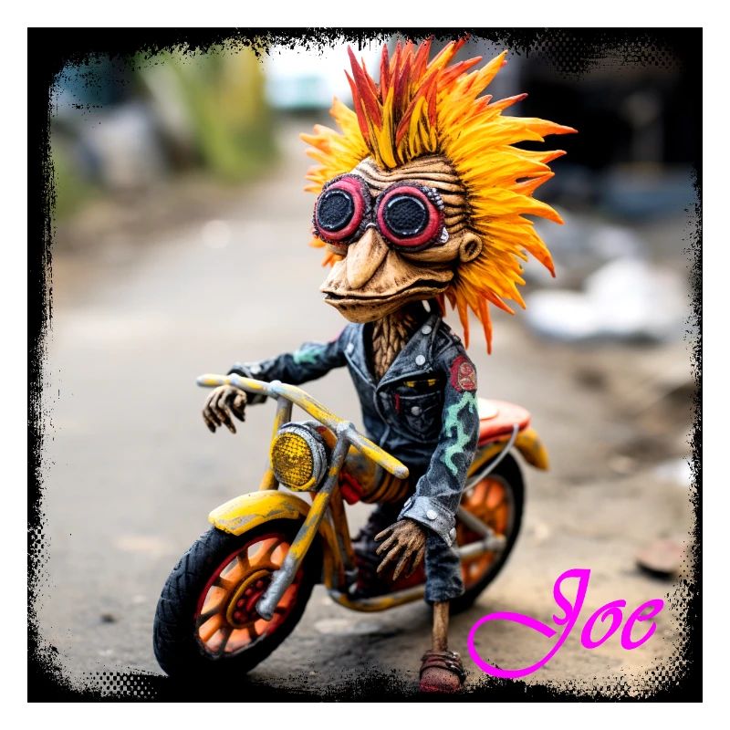 Bird-human doll with sun feather and motorcycle