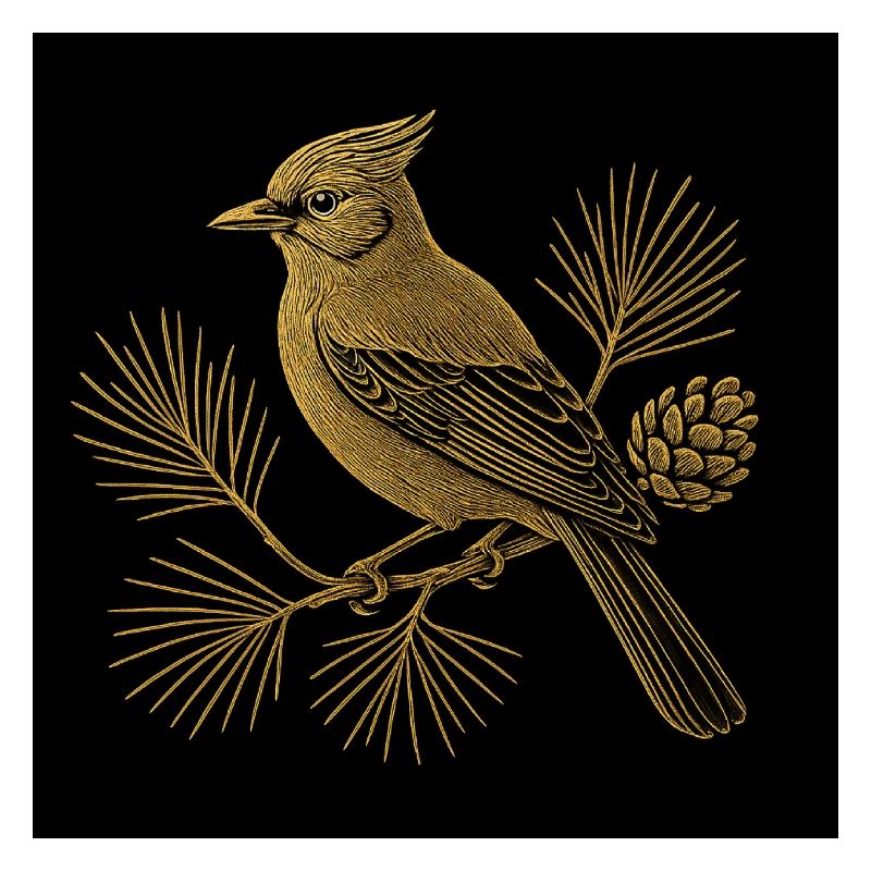 Golden bird on pine tree with pine cones