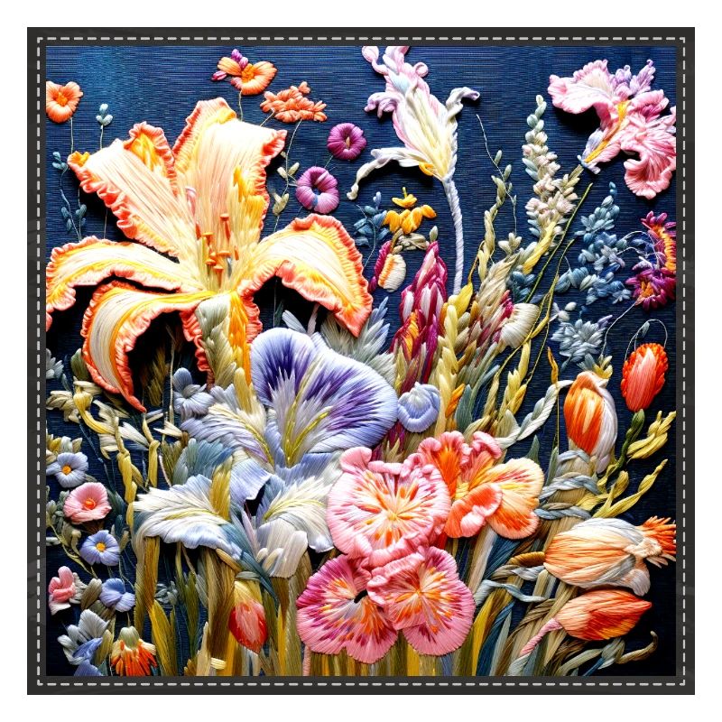 Floral pattern in embroidery technique on dark blue