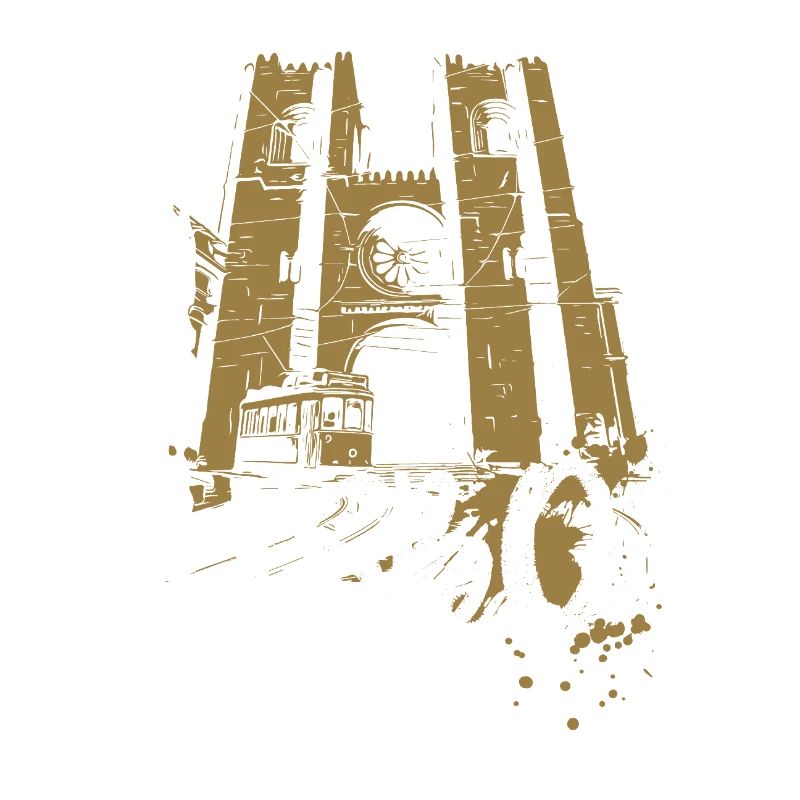 Tramway et cathédrale à Lisbonne illustration ocre