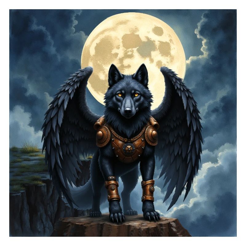 Winged wolf under full moon