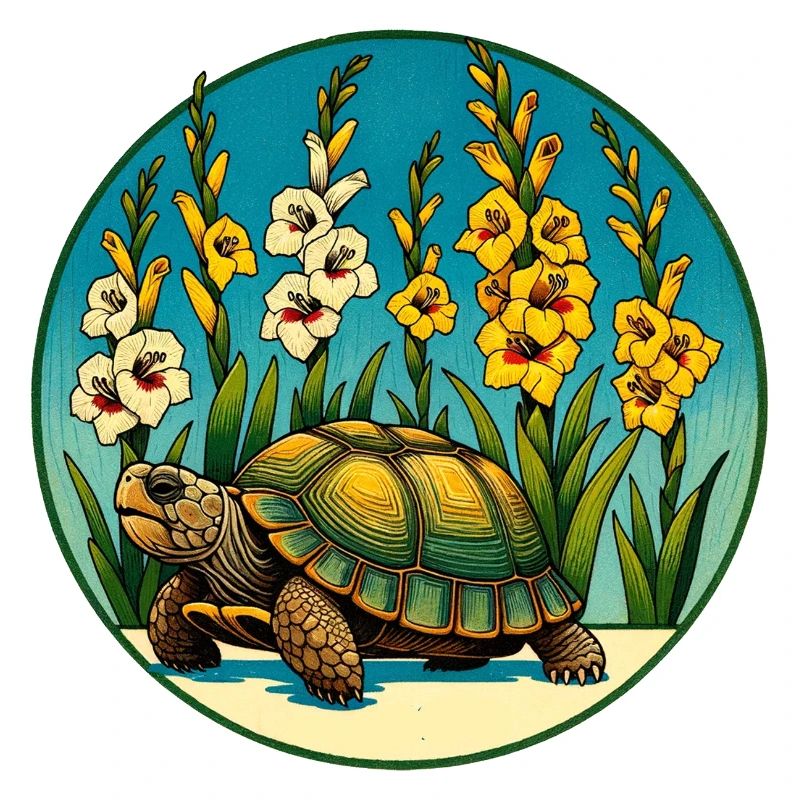 Sunlit Turtle in Floral Border
