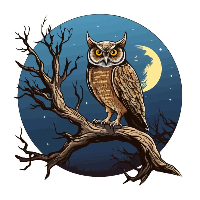 Night Moon Owl in a Round Circle