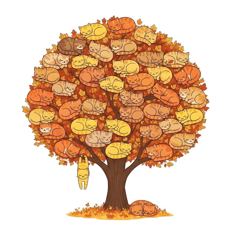 Cat Tree Autumn - Cute Sleeping Cats Design