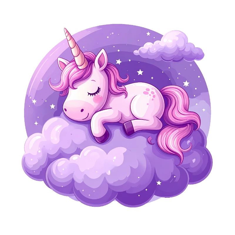 Pink unicorn sleeping on a purple cloud