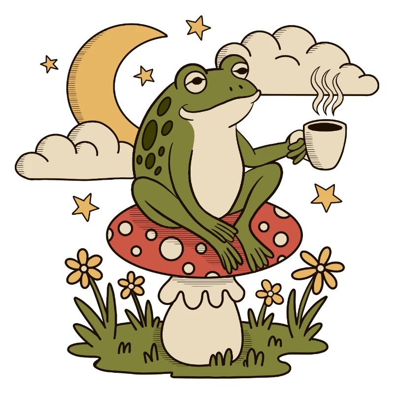 A frog with a cup sits on a toadstool