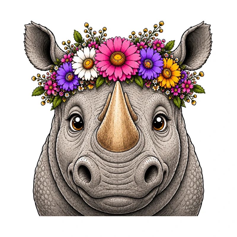 Nashorn mit Blumenschmuck