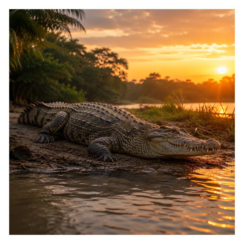Sunset and crocodile by the river