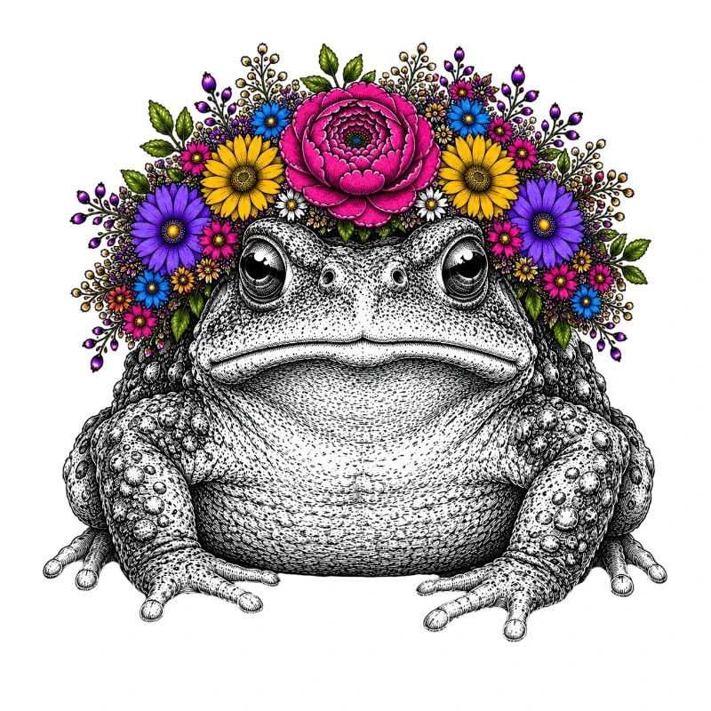 Crapaud avec couronne de fleurs
