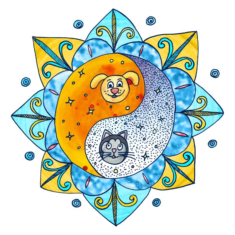 Chien de chat Mignon Yin Yang Symbole Mandala