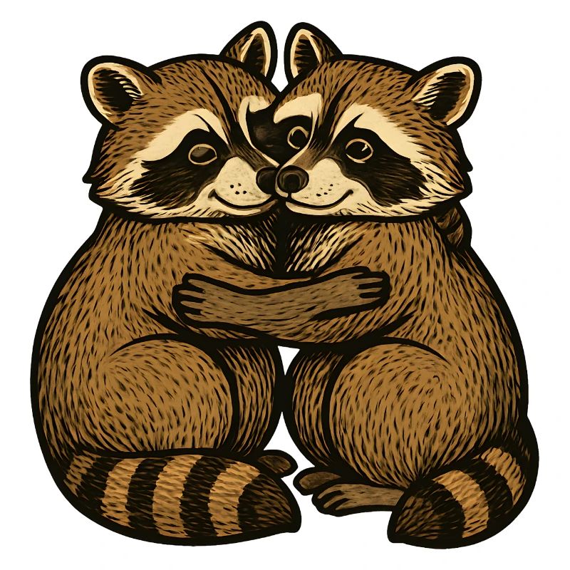 Two raccoons hug