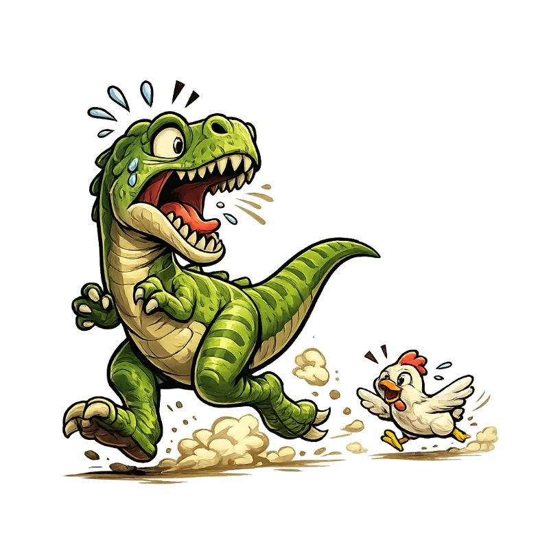 Dinosaure Raptor comique en fuite devant un poulet