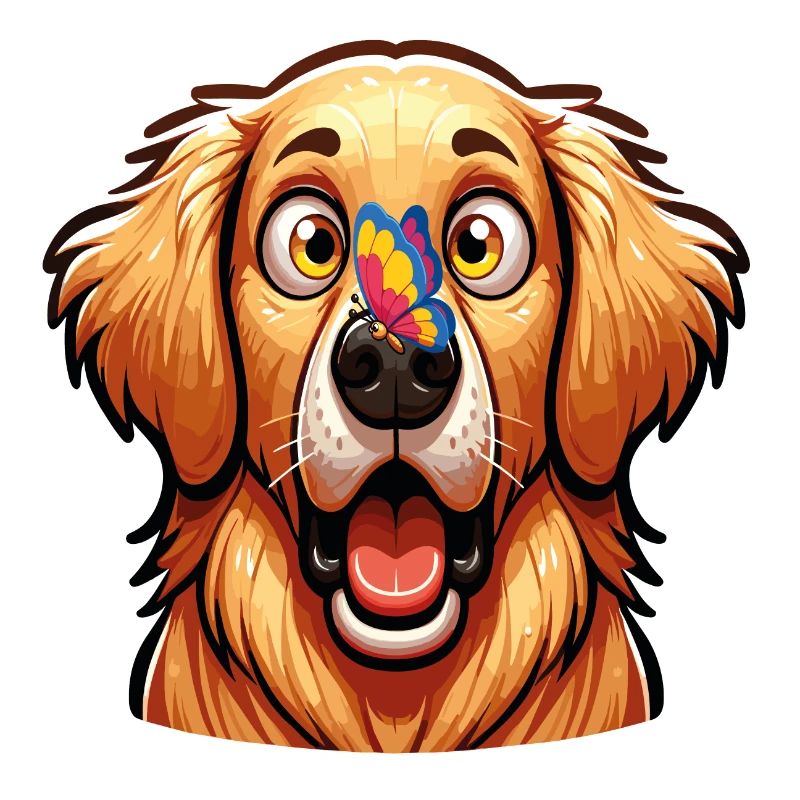 Ein Labradorhund, der von einem bunten Schmetterling überrascht wird