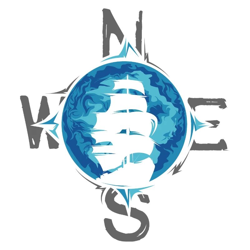 Sailing Ship Compass Illustration Sea Moon Blue